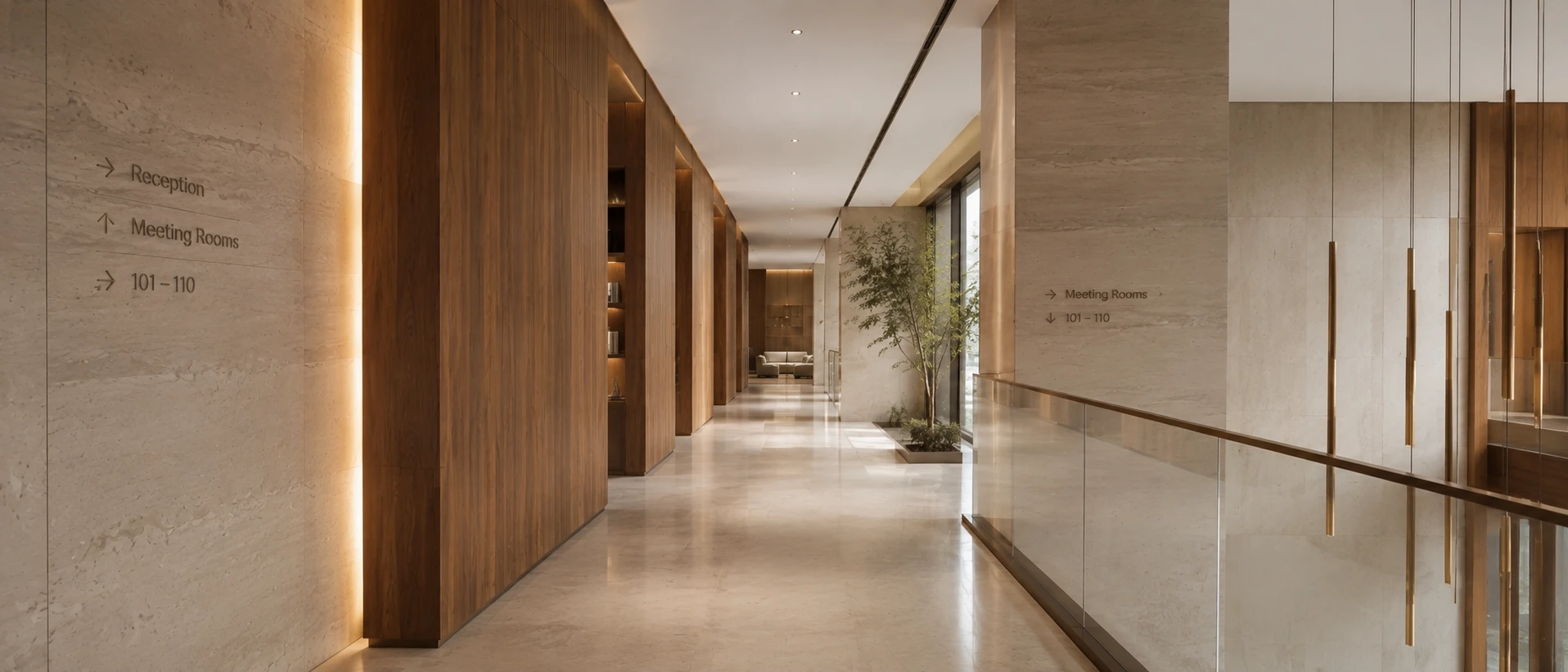 Material-led architectural lobby combining stone, wood, stainless steel and wayfinding